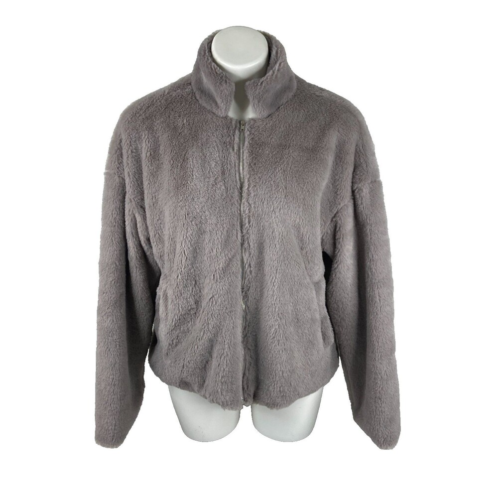 Listicle Women Medium Faux Fur Jacket Gray Full Zip NWT